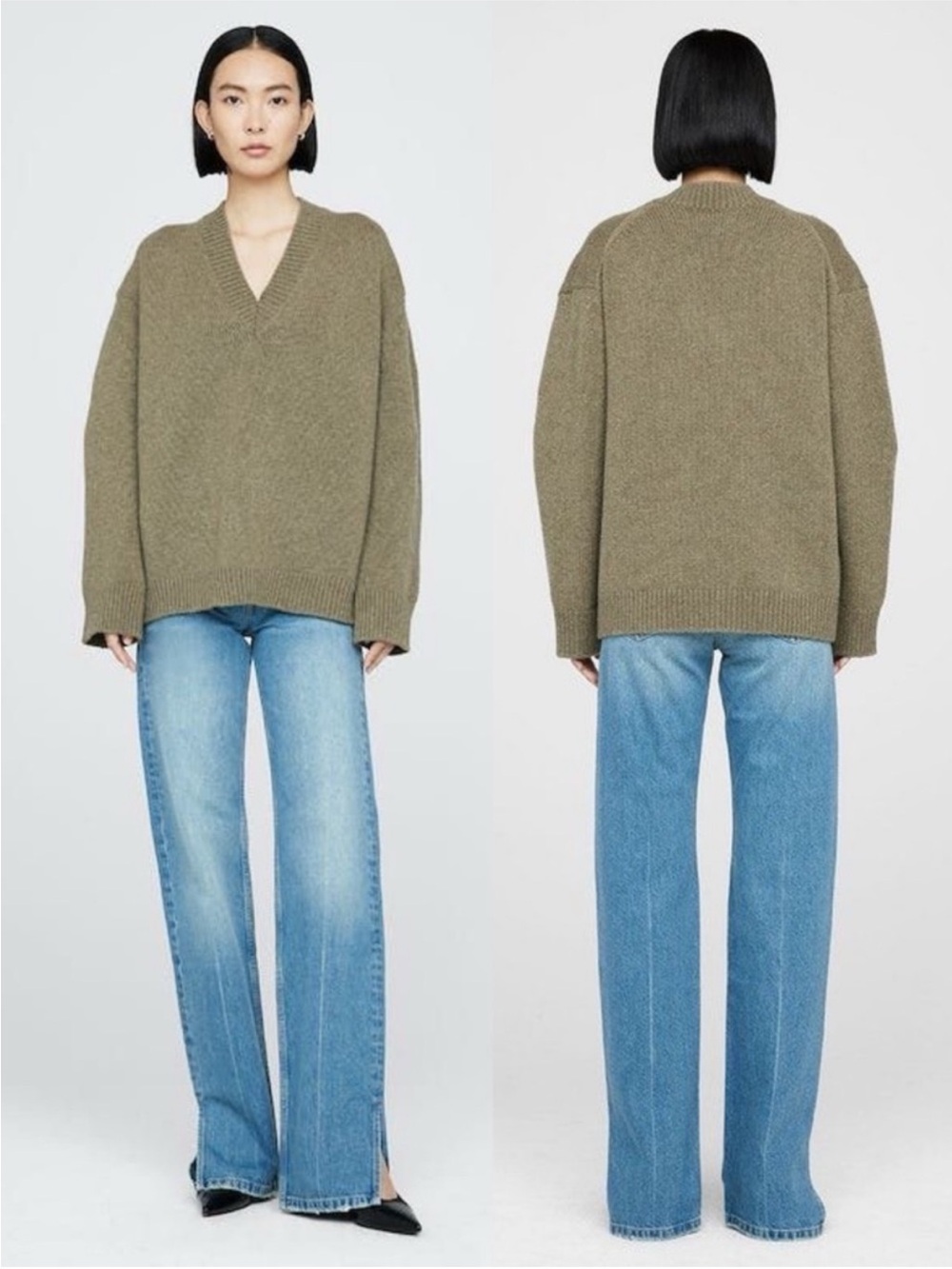 Anine Bing Rosie V-Neck Sweater in Olive Size XS